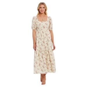 WAYF Whisper MIDI DRESS Square Neck PUFF SLEEVE Tie Back FLORAL IVORY Sz S BOHO